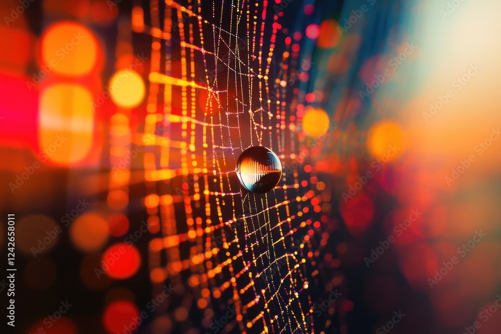 Poster a dewdrop reflects a bokeh-filled night on a spiderweb's delicate threads.