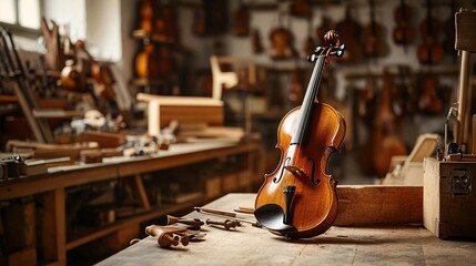 In a luthier's workshop, a stunning handcrafted violin rests on a workbench amidst tools and wood