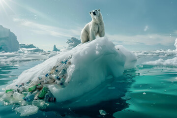 Naklejka premium Polar bear with plastic bottle trash, plastic waste in the ocean.