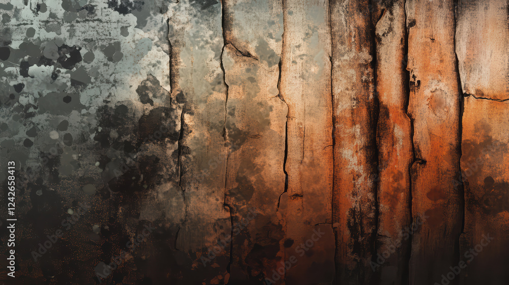 Poster artistic bark design with blurred forest background, showcasing textured wood patterns and earthy to