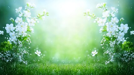 Spring Blossoms White Flowers in Green Meadow