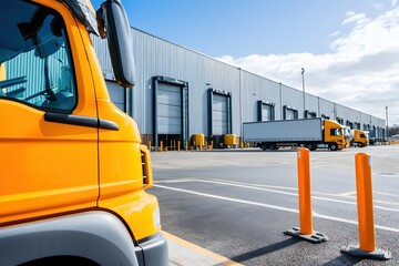 Yellow Delivery Truck at Modern Warehouse Loading Bay Sunny Day