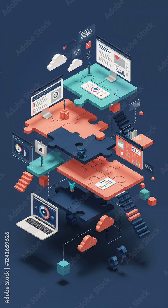 Poster isometric scene with puzzles of software development process or business management abstract digital