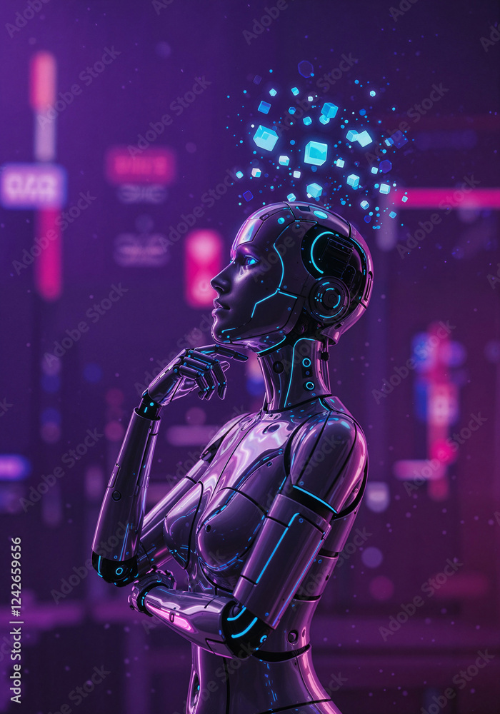 Poster robot android made of mechanical parts thought about the future . generative ai