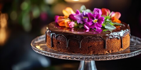 Decadent chocolate and hazelnut praline cake adorned with vibrant edible flowers for a stunning dessert presentation.