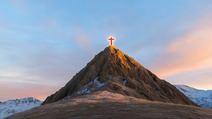 Glowing Red Cross on Snowy Mountain Peak at Sunrise