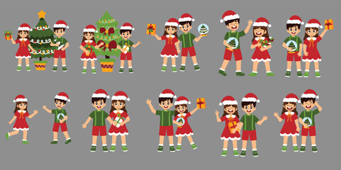 A collection of joyful Christmas illustrations featuring families and children celebrating the holidays with trees and gifts © ren