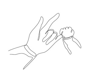 Continuous One line drawing of a baby’s hand gripping the mother’s pinky, symbolizing love, trust, and family bonds. Minimalist and emotional, parenting and relationship themes. Vector Editable stroke