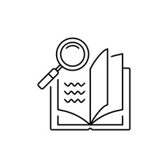 Outline Book with Magnifying Glass icon, symbolizing research and exploration.