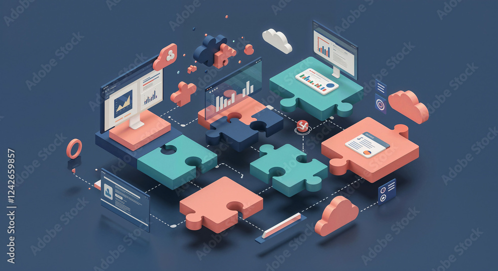 Poster isometric scene with puzzles of software development process or business management abstract digital