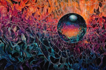 Abstract artwork depicting a vibrant sphere nestled within an intricate web, evoking feelings of...