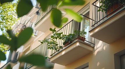 Sunny Apartment Building Balconies with Lush Greenery Plants