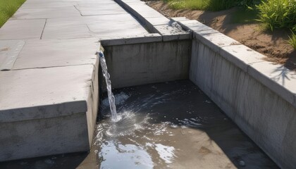 Downspout discharging water onto a concrete splash block near a sidewalk path, sidewalk, heavy rain