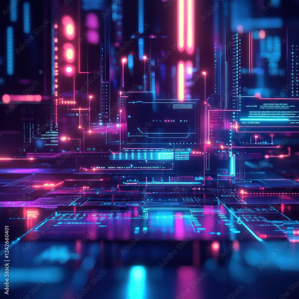 Poster abstract digital tech interface in neon light with circuit background. for tech, cyber, futuristic