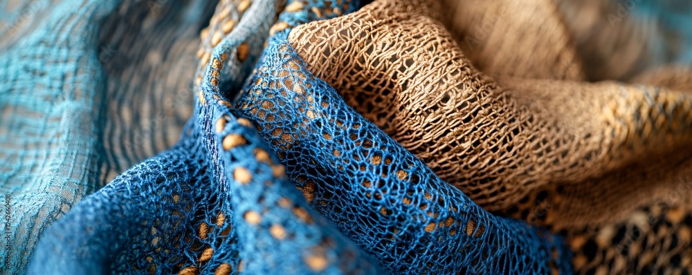 Aufkleber soft and warm feeling created by wavy folds of blue and beige knitted wool fabric, forming a texture