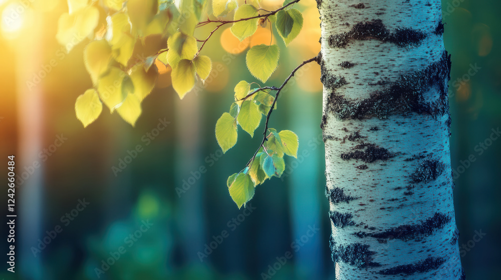 Aufkleber close up of birch tree trunk with vibrant green leaves, illuminated by soft sunlight, creating seren