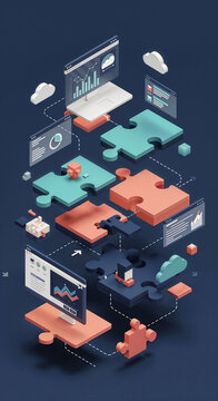 isometric scene with puzzles of software development process or business management abstract digital background . Generative AI