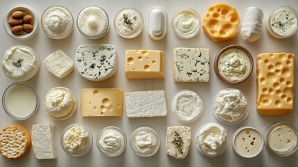 Obraz premium Assorted dairy products displayed on a white surface, showcasing various textures and types