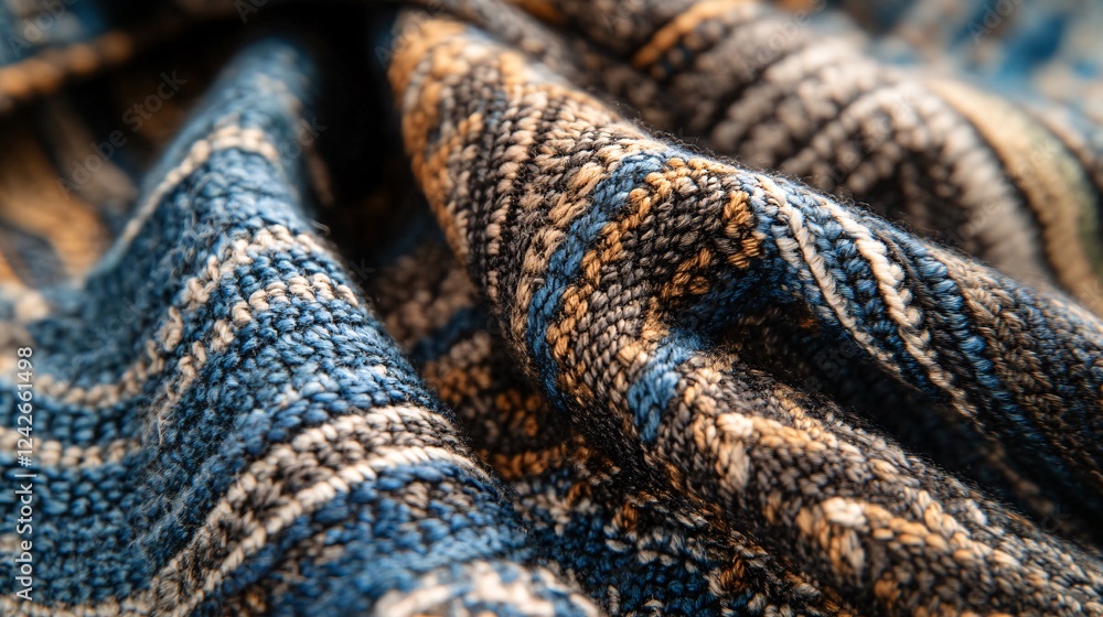 Poster close-up image showcasing the textured craftsmanship of blue and brown fabric with visible thread de