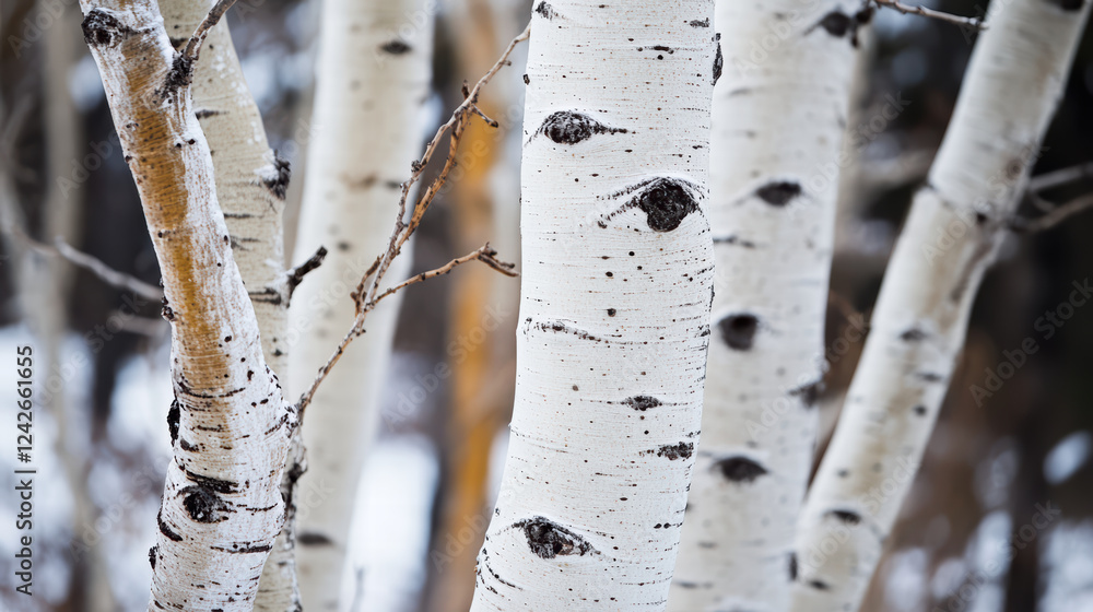 Aufkleber white birch trees with distinctive bark patterns create serene winter scene. soft focus enhances rus