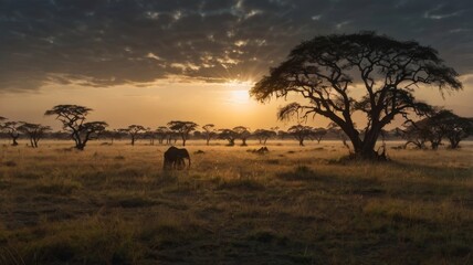 Obraz premium African Savanna Sunrise: Elephants Silhouette at Golden Hour