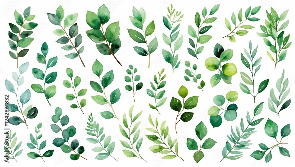 Poster various green leaves arranged in an artistic pattern showcasing different shapes and textures of fol