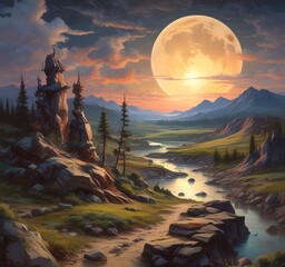 Illustration of fantasy landscape with glowing shiny moon.