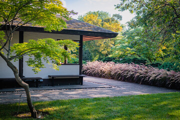 traditional Japanese garden, tea house in spring