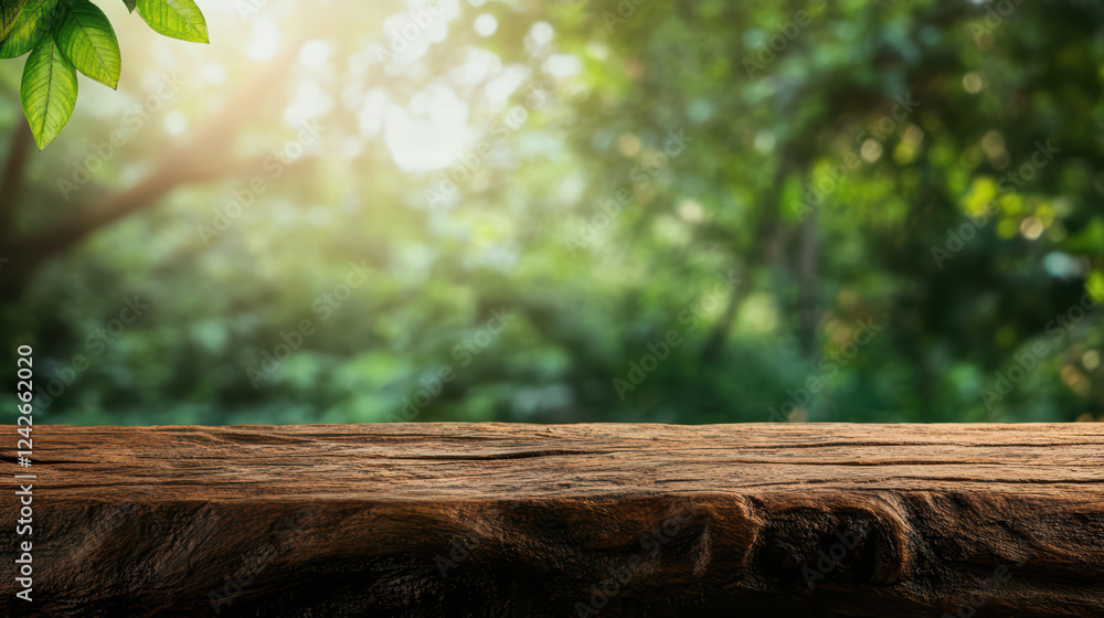 Poster rustic wooden table with blurred forest backdrop, creating serene and natural atmosphere. sunlight f