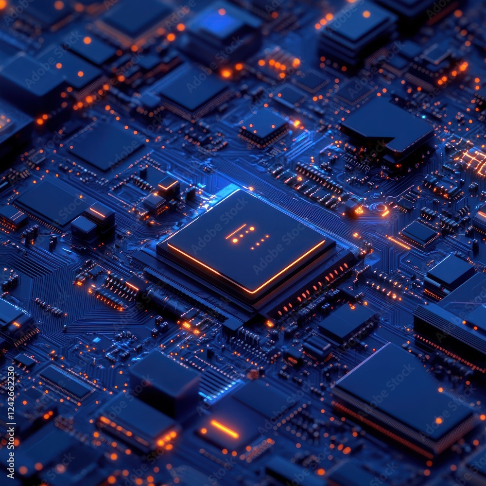 Poster electronic circuit board with glowing components, top view, intricate pattern for tech use