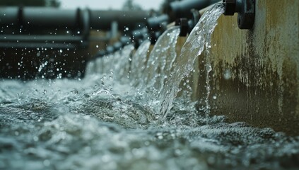 Dynamic image of effluent water cascading down a channel at a wastewater treatment plant, showcasing the purification process.