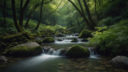Fototapeta premium Serene Forest Stream: Mossy Rocks and Verdant Canopy
