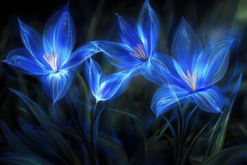 Obraz premium Ethereal Blue Flowers Glowing in a Darkened Garden Setting