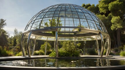 Fototapeta premium Modern Glass Dome Greenhouse Reflecting in Tranquil Pond