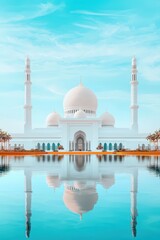 Naklejka premium Majestic Mosque Surrounded by Serene Water Reflection