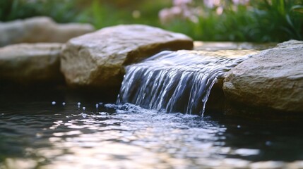 Tranquil garden setting with water cascading over rocks, creating a peaceful ambiance