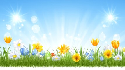 Fototapeta premium Springtime Easter Scene with Flowers and Eggs