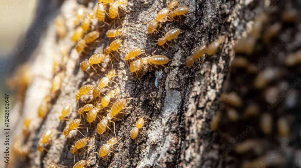 Poster close up of bark with numerous insects, showcasing intricate trails and textures. scene captures nat