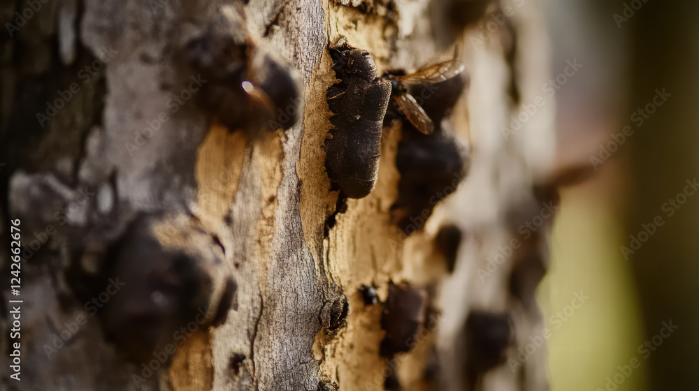 Poster close up of tree bark with insect trails and insects on surface, showcasing intricate details of nat