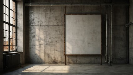 Landscape empty frame mockup on a textured concrete wall in an industrial loft