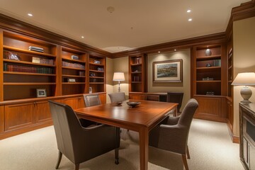 Luxurious study, meeting, wood table, bookshelves, interior design, real estate listing