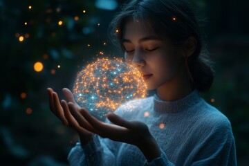 Naklejka premium Magical glowing sphere floating in a woman's hand