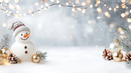 A cheerful snowman with a hat stands amid snowy decor, surrounded by pine cones and golden ornaments, under twinkling lights in a winter landscape.