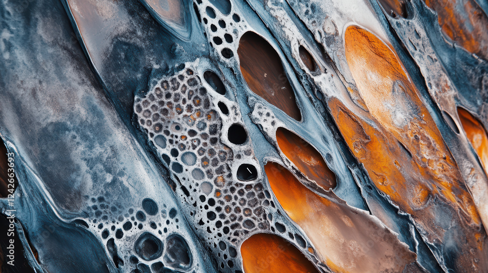 Poster close up of textured surface with unique patterns and colors, showcasing blend of blue, orange, and 