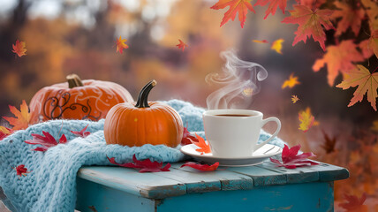 Warm Autumn Morning with Pumpkins, Hot Drink and Knitted Blanket