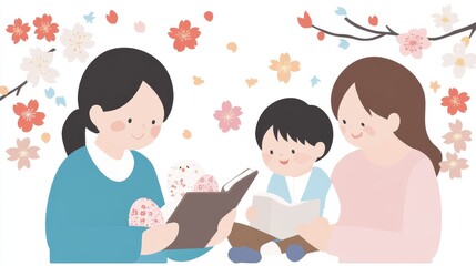 Fototapeta premium Springtime Story Time Mothers and Child Reading Together