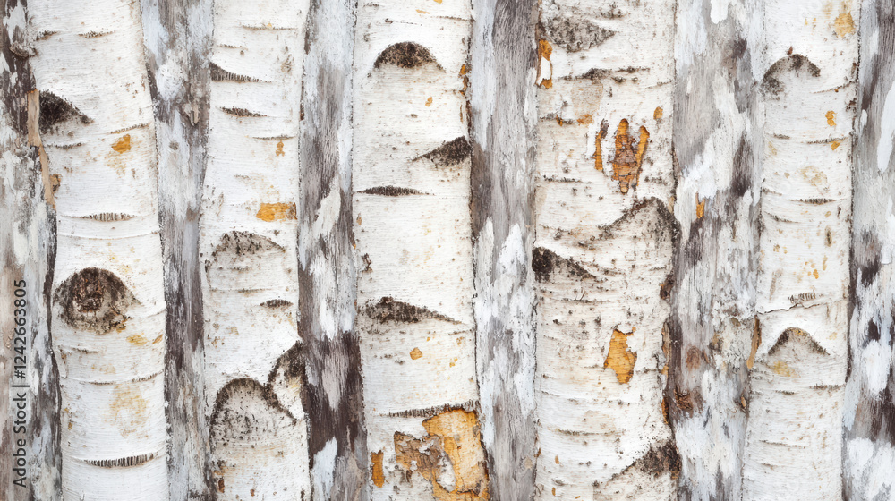 Poster close up of birch tree bark showcasing unique patterns and colors, highlighting natural beauty and t