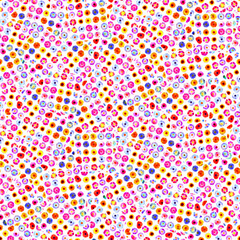 Seamless abstract pattern with colorful dots in pink, yellow, and blue on a white background