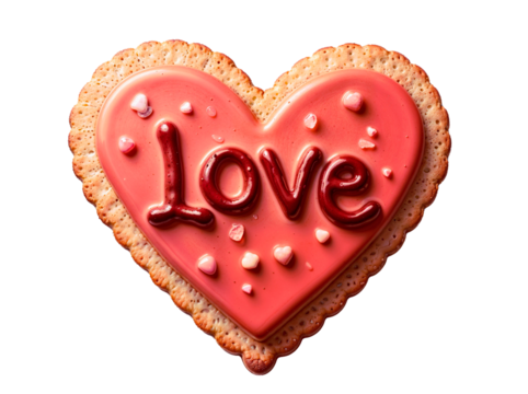 A heart-shaped cookie decorated with a red "Love" icing and tiny pink hearts. Perfect for Valentine's Day