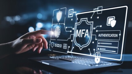 businessman pressing the virtual button MFA, multi-factor authentication. cloud computing concept, cloud technology, Saas, Paas, Iaas. AWS Services  